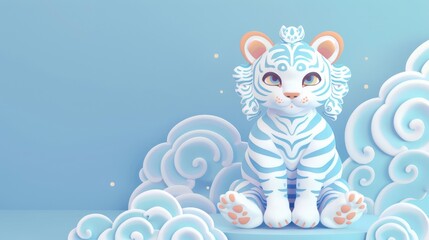 Cute Cartoon White Tiger Sitting on Clouds.