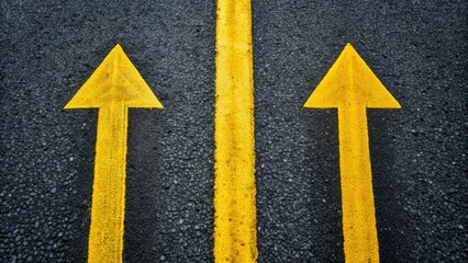 Yellow and black one way arrows on asphalt road directing traffic in a single direction, indicating a clear path forward with no return or reversal.