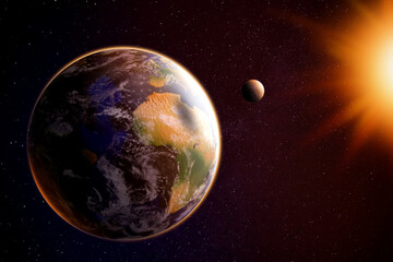 Planet Earth and moon lit by Sun in space. Image elements furnished by NASA