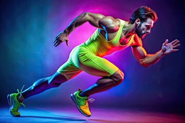 Focus-driven athlete in neon attire sprints forward, embodying fitness motivation, perfect for advertising a fitness club or promoting sport-inspired music and video content online.