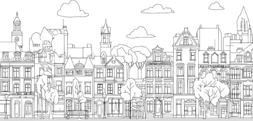 City landscape. Line urban backdrop. Skyline with clouds, different buildings on street, doodle street draw, outline cityscape hand sketch, flat houses. Hand drawn vector illustration