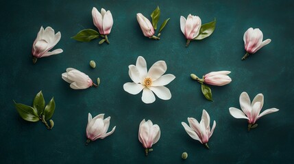 A flat lay with magnolia petals arranged in a symmetrical pattern on a dark green background, with...