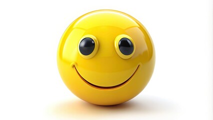 Yellow smiley face emoticon icon with a bright smile and shiny eyes isolated on a plain white background, conveying happiness and friendliness.