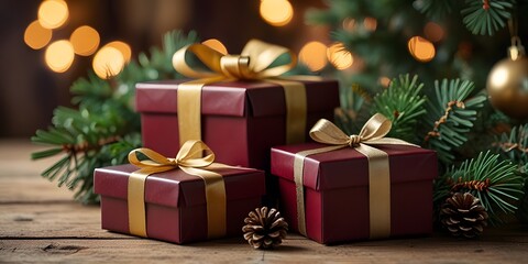 A nostalgic Christmas background vintage style gift boxes in rich burgundy and gold nestled among pine cones and evergreen branches  vintage charm