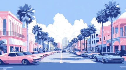 Obraz premium PalmLined Street A Rows of Pink Cars Perspective View Retro Style Blue Sky with Clouds