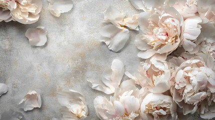 A flat lay with peony petals in soft pinks and creams, arranged in a swirling pattern on a textured gray background, with a few gold accents for contrast