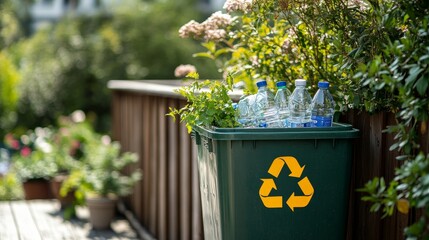 Recycling Bin with Water Bottles in a Garden A Green Perspective CloseUp of Recycling Symbol Sunlit Leaves in Blur Green bin with yellow arrows