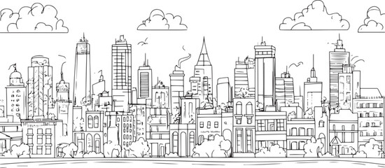 City landscape. Line urban backdrop. Skyline with clouds, different buildings on street, doodle street draw, outline cityscape hand sketch, flat houses. Hand drawn vector illustration