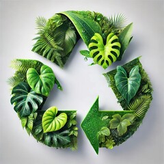 Hyper-Realistic Recycle Symbol Made of Lush Tropical Leaves Including Caladium and Philodendron - Perfect for Eco Designs