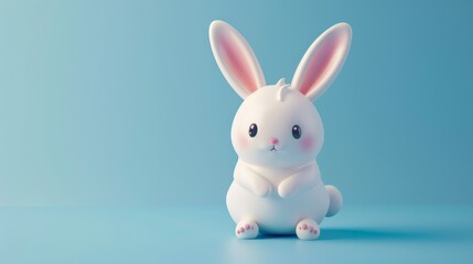 Cute White Bunny Sitting on a Blue Background.