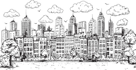 City landscape. Line urban backdrop. Skyline with clouds, different buildings on street, doodle street draw, outline cityscape hand sketch, flat houses. Hand drawn vector illustration