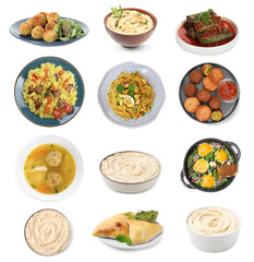 Hummus and other dishes of different national traditional cuisines on white background. Collection