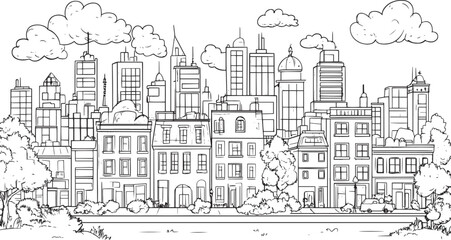 City landscape. Line urban backdrop. Skyline with clouds, different buildings on street, doodle street draw, outline cityscape hand sketch, flat houses. Hand drawn vector illustration