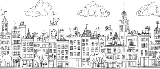Obraz premium City landscape. Line urban backdrop. Skyline with clouds, different buildings on street, doodle street draw, outline cityscape hand sketch, flat houses. Hand drawn vector illustration