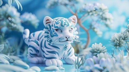 Cute White Tiger Cub in a Blue Dreamy Garden.