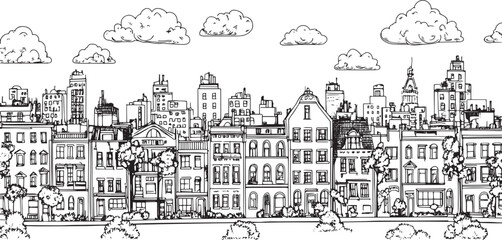 City landscape. Line urban backdrop. Skyline with clouds, different buildings on street, doodle street draw, outline cityscape hand sketch, flat houses. Hand drawn vector illustration