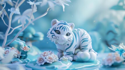 Cute White Tiger Cub in a Blue Forest.