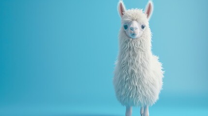 Cute White Alpaca Against a Light Blue Background.