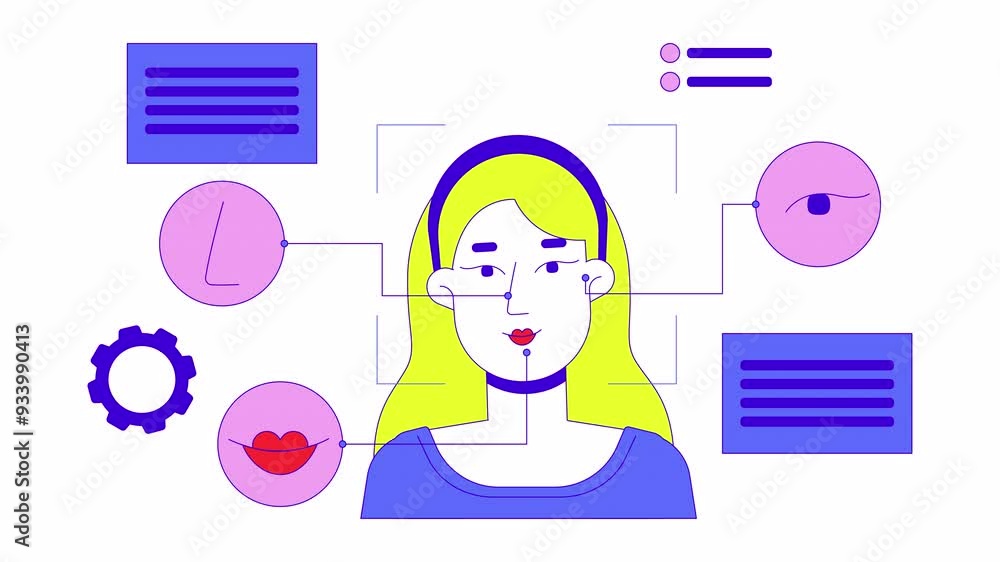 Poster facial coding technology 2d animation. face biometrics security 4k video motion graphic. identifying