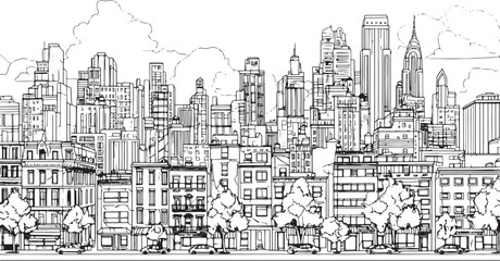 City landscape. Line urban backdrop. Skyline with clouds, different buildings on street, doodle street draw, outline cityscape hand sketch, flat houses. Hand drawn vector illustration