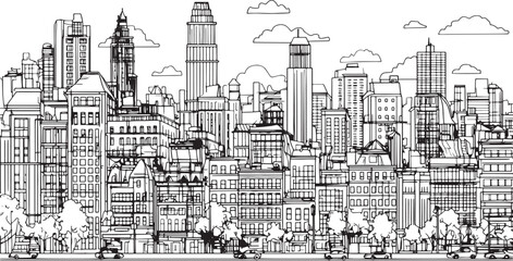 City landscape. Line urban backdrop. Skyline with clouds, different buildings on street, doodle street draw, outline cityscape hand sketch, flat houses. Hand drawn vector illustration