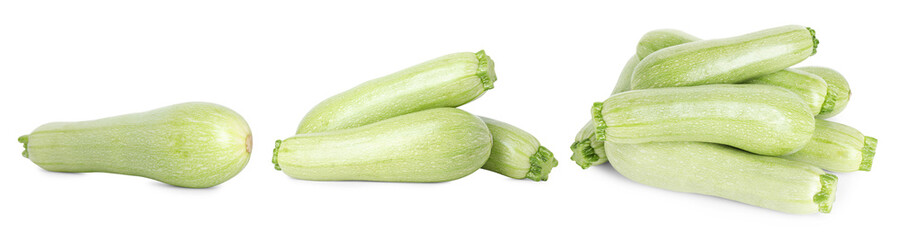 Fresh ripe zucchini isolated on white, collage