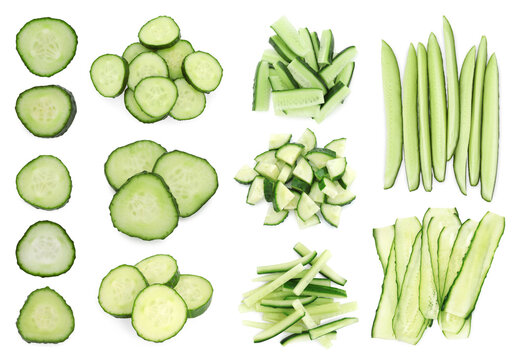 Fresh cucumbers isolated on white, collage. Different types of cuts