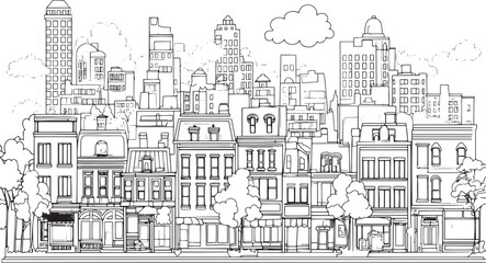City landscape. Line urban backdrop. Skyline with clouds, different buildings on street, doodle street draw, outline cityscape hand sketch, flat houses. Hand drawn vector illustration