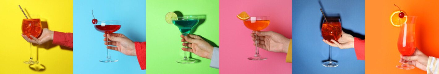 Variety of cocktails in people's hands on different colors backgrounds, collage