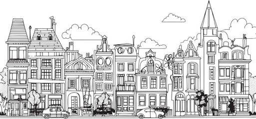 City landscape. Line urban backdrop. Skyline with clouds, different buildings on street, doodle street draw, outline cityscape hand sketch, flat houses. Hand drawn vector illustration
