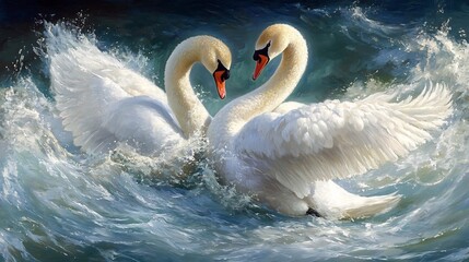 Two Swans Forming a Heart in a Turbulent Sea
