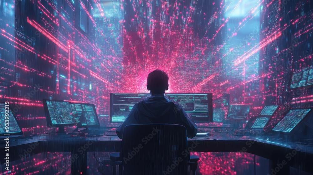 Aufkleber Hacker Working on Multiple Computer Screens in a Digital Cityscape
