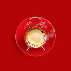 Bright alarm clock with coffee instead of dial on red background, top view