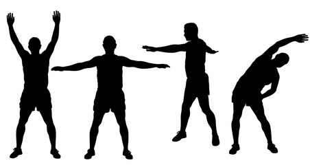 Vector silhouettes of sportive man stretching and worming up, workout it progress. Fitness boy icons isolated on white background.