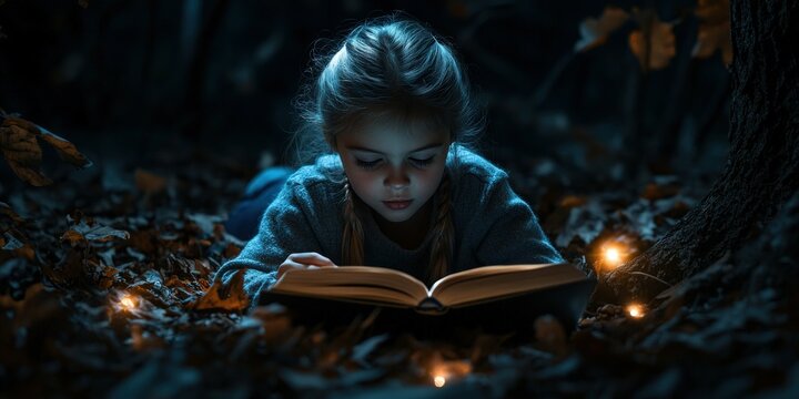 Young girl reading a book in a forest at night surrounded by leaves