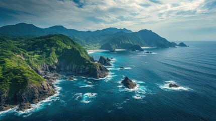 Fototapeta premium Aerial perspective of Japan's tranquil coastal cliffs with waves crashing against rocky shores and verdant landscapes.
