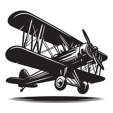 black biplane flying, vintage style clip art preview