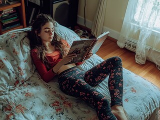 Fototapeta premium Teenager relaxing and reading on a bed in a cozy room