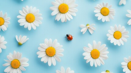 A whimsical flat lay featuring daisy petals in white and yellow, arranged in a zigzag pattern on a light blue background, with a tiny ladybug placed on one petal