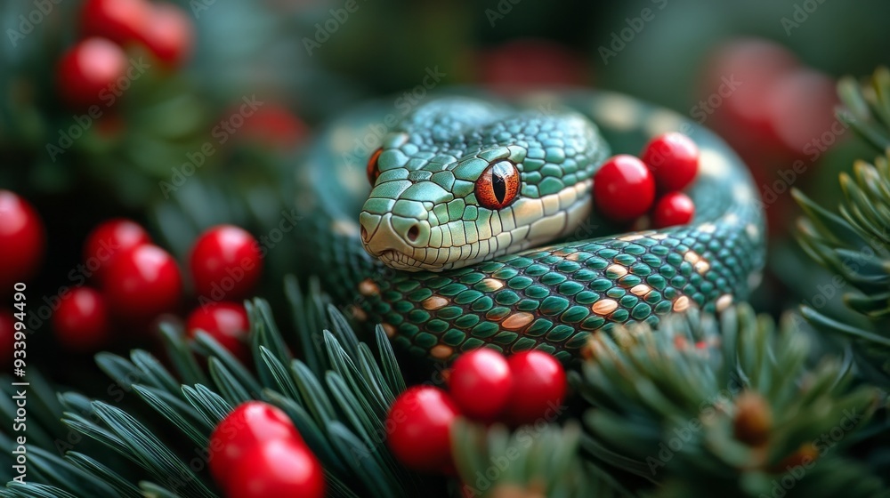 Poster a striking green snake rests among lush greenery and vibrant red berries, displaying its intricate s