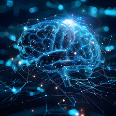 A glowing digital representation of a human brain surrounded by interconnected blue lines and particles, symbolizing neural networks and technology in a futuristic setting