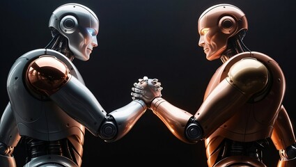 A unbreakable humanoid robots stand  handshake symbolizing unity and friendship.