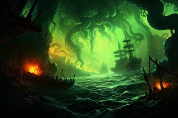 Dark Fantasy Sea Monster and Ships