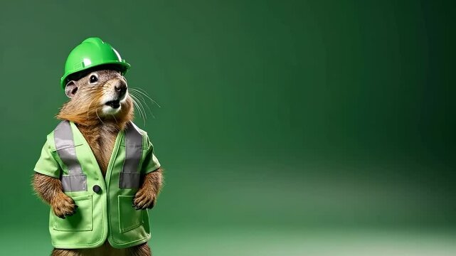 marmot dressed as builder in green helmet on green background, workman woodchuck engineering or repairing, service