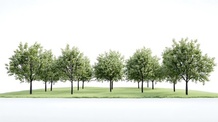 Obraz premium A row of seven green trees with lush foliage on a small grassy hill, isolated on a white background.