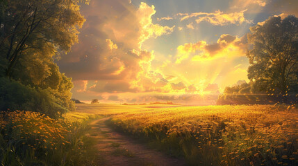 Obraz premium A field of yellow flowers with a path leading through it