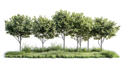 Fototapeta premium A row of six green trees with lush foliage stand in a grassy patch isolated on a white background.