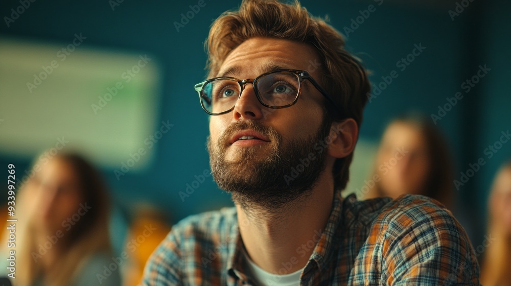 Aufkleber An attentive young man listens intently, his eyes fixed forward, surrounded by fellow students in a bright classroom buzzing with curiosity