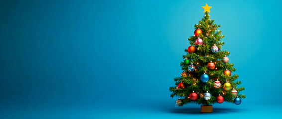 &aacute;rbol de Navidad, adornado, decoraciones coloridas, fondo azul oscuro, luces bokeh, resplandor suave, espacio para texto, plantilla, tarjeta de Navidad, postal, alta resoluci&oacute;n, detallado, fotorealist