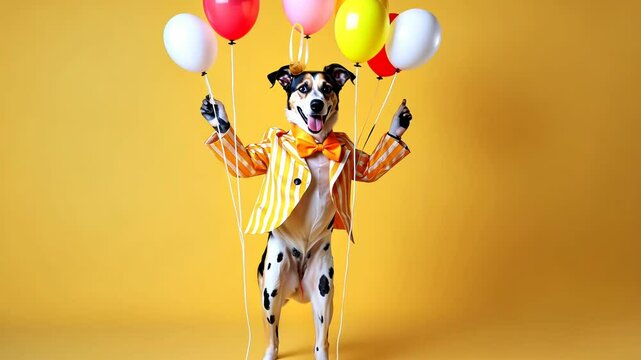 Funny portrait of happy smiling jack russel dog in costume hat on yellow studio background with air balloons, birthday, anniversary or new year puppy